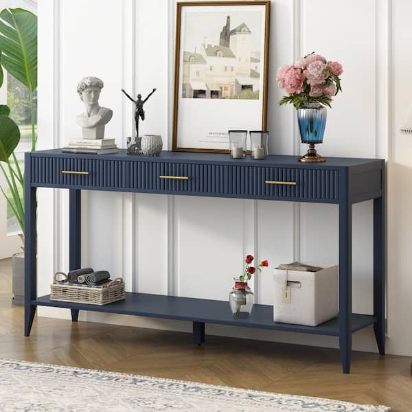 Harper & Bright Designs 60 in. Navy Blue Rectangle Wood Console Table with Open Shelf, 3 Vertical Stripe Drawers and Gold Metal Handles
