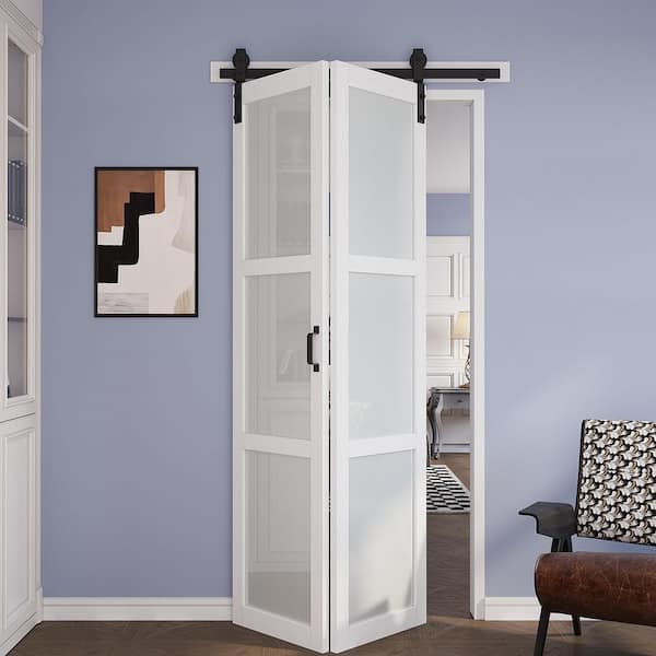40 in. x 84 in. Assembled Bi-Fold 3 Lite Frosted Glass White Primed Solid Core MDF Sliding Barn Door with Hardware Kit