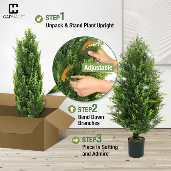 CAPHAUS 3 ft. Green Artificial Cedar Tree, Natural Faux Plants for Outside Planter with Dried Moss, UV Resistant, (Set of 2)