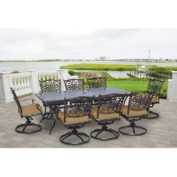 Hanover Traditions 9-Piece Aluminum Rectangular Outdoor Patio Dining Set, 8 Cushioned Swivel Chairs, Table, All-Weather Frames