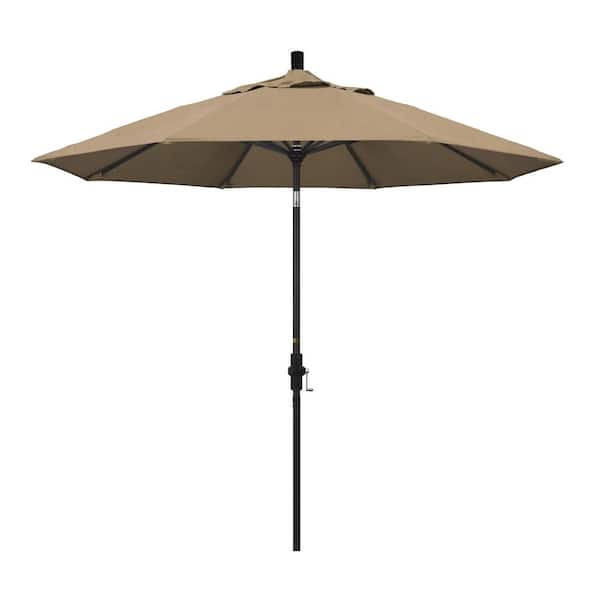 California Umbrella 9 ft. Black Aluminum Pole Market Aluminum Ribs Collar Tilt Crank Lift Patio Umbrella in Heather Beige Sunbrella