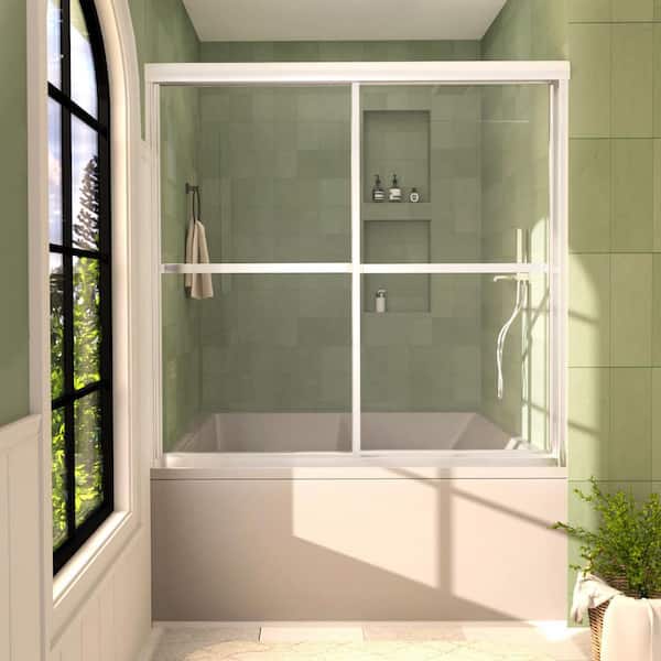Hermitage Bath 59 in. W x 56 in. H Sliding Tub Door in Silver with Clear Glass Elunir Framed Finish