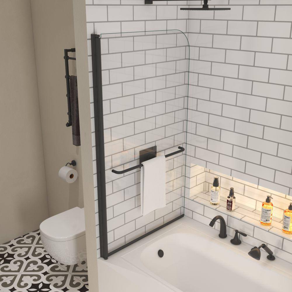 34"W x 58"H Matte Black Frameless Pivot Tub Door with Clear Glass