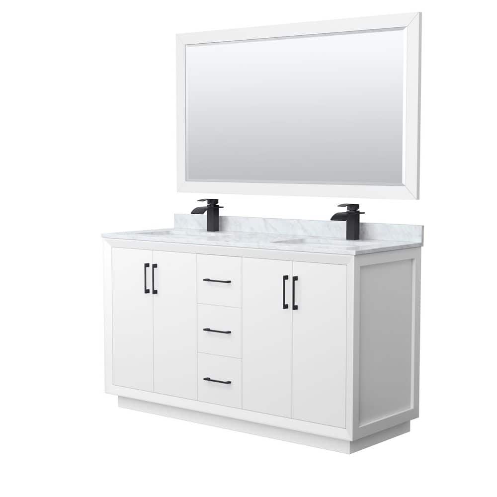 Wyndham Collection Strada 60 in. W x 22 in. D x 35 in. H Double Bath Vanity in White with White Carrara Marble Top and 58 in. Mirror, White with Matte Black Trim -  WCF414160DWBCMUNSM58