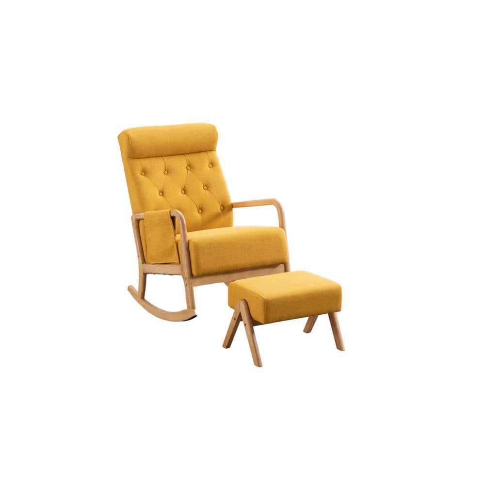 Solid Wood Outdoor Rocking Chair with Ottoman and with Thick Padded Cushion