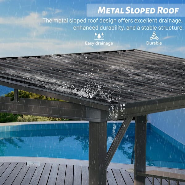 6.5 ft. x 12 ft. Gray Outdoor Hardtop Grill Gazebo with 2 Side Shelves and Sloping Galvanized Steel Roof, Ceiling Hooks