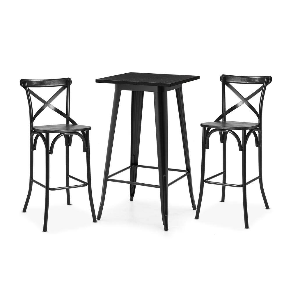 Black Steel and Elm Wood Industrial Pub Table Set with 2 Chairs