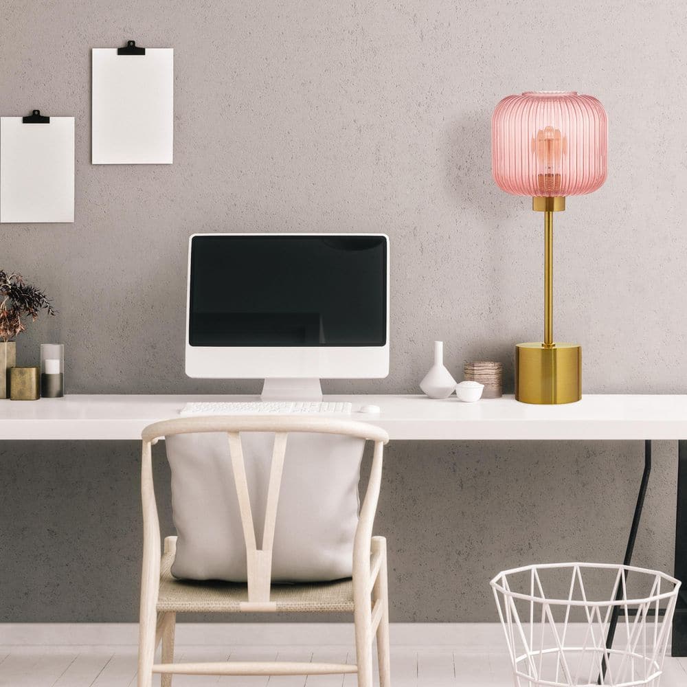 21.25" Brushed Gold Metal Table Lamp with Pink Glass Shade