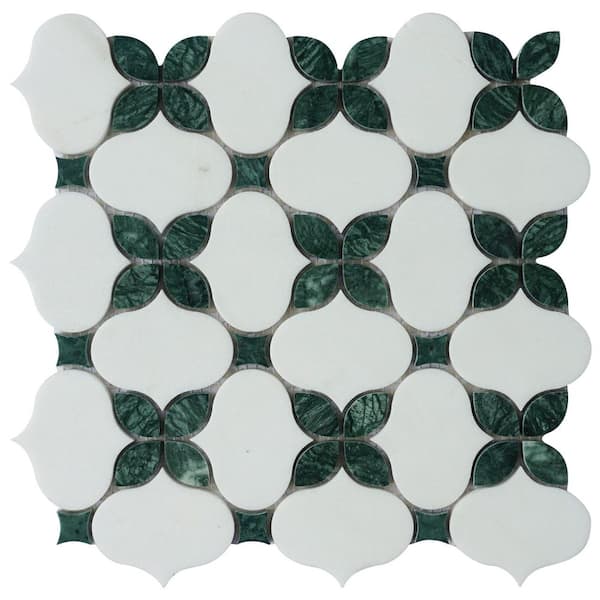 Clover Bloom White and Green 11.82 in. x 11.82 Floral Polished Marble Mosaic Tile Sample