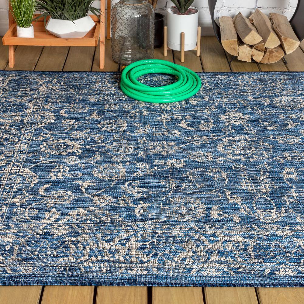 Navy and Gray Synthetic Flat Woven Rectangular Area Rug