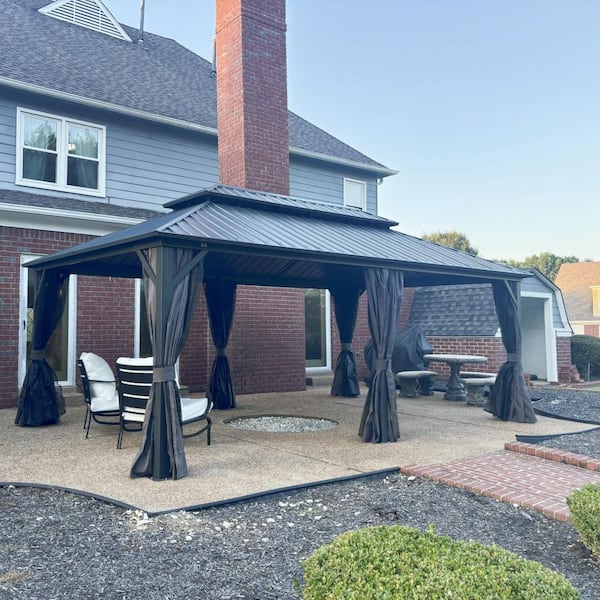 12 ft. x 28 ft. Gray Aluminum Power-Coated Frame Galvanized Steel Double Roof Hardtop Gazebo,Hooks, Netting,Gray Curtain