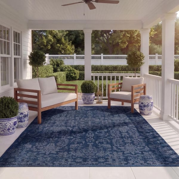 Courtyard 8 ft. x 11 ft. Navy/Blue Ornate Distressed Indoor/Outdoor Area Rug