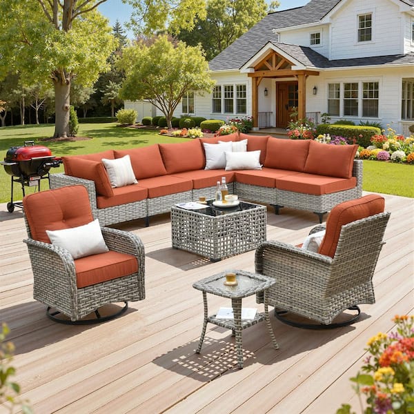 Solvoc 10-Piece Wicker Outdoor Patio Conversation Sofa Set with Stripe Red Cushion, Swivel Chair, Lights Coffee Table