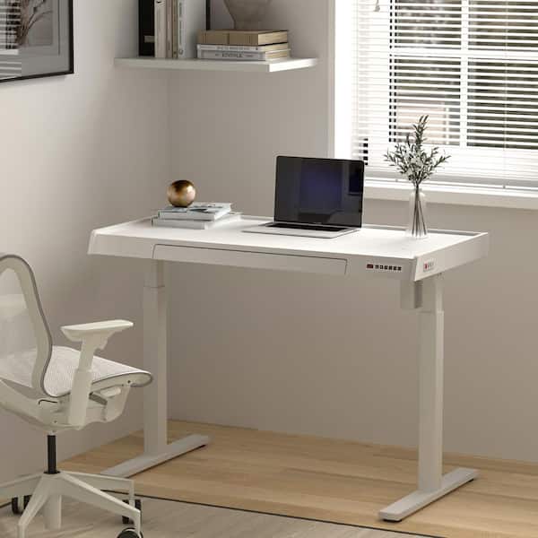 JANXICL 48 in. W Frosted Electric Adjustable Height Standing Desk, Wood Top with Drawer, USB Ports & Memory Controller