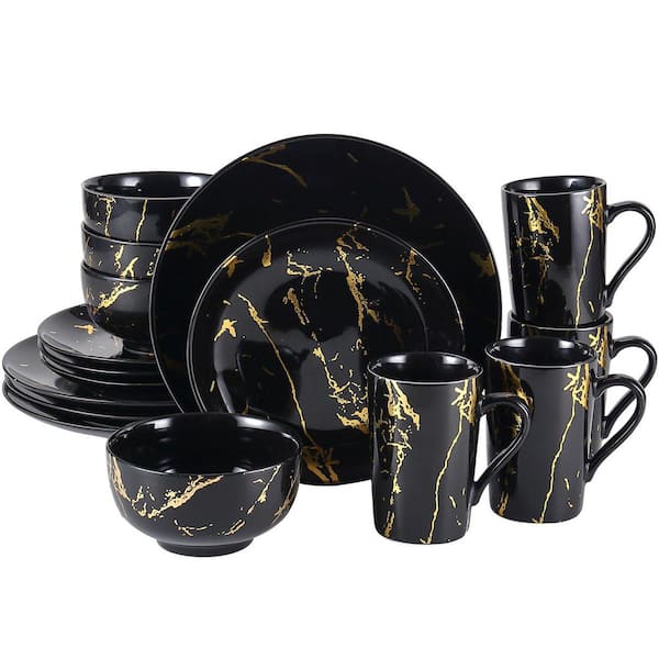 Ceramic Black Modern Porcelain 12-Piece Dinnerware Set with Gold Marble Accent for 4 – Dinner Plates, Bowls, Mugs