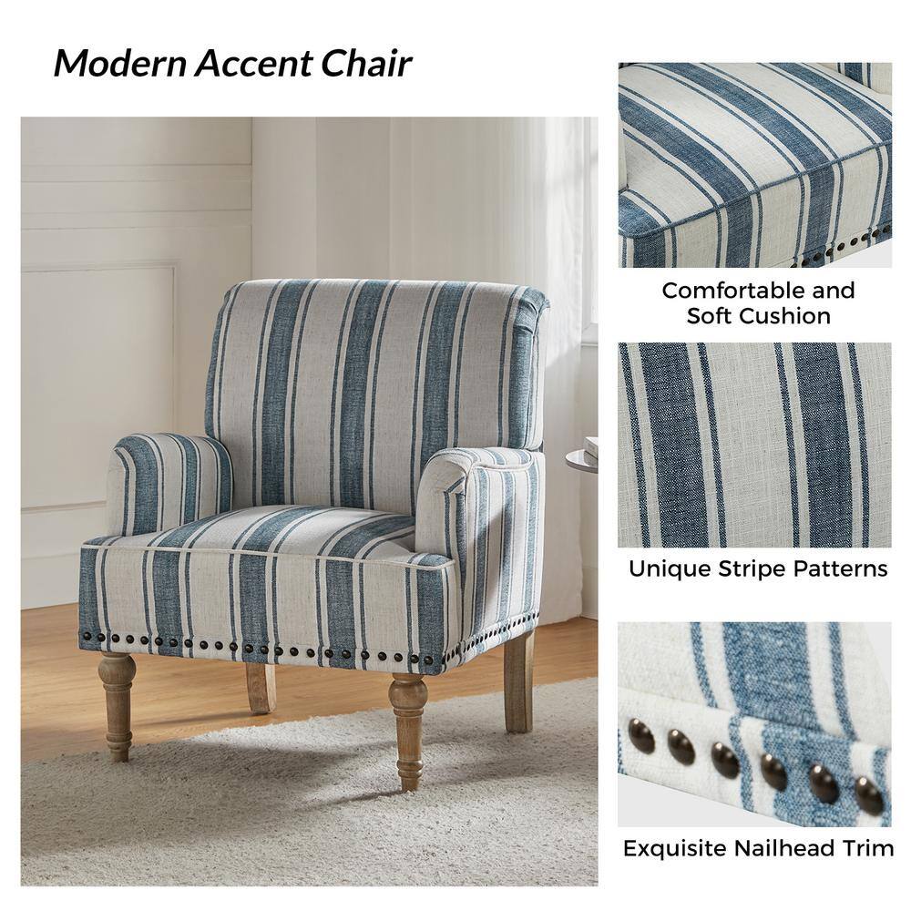 Navy and White Striped Polyester Accent Chair with Wooden Legs