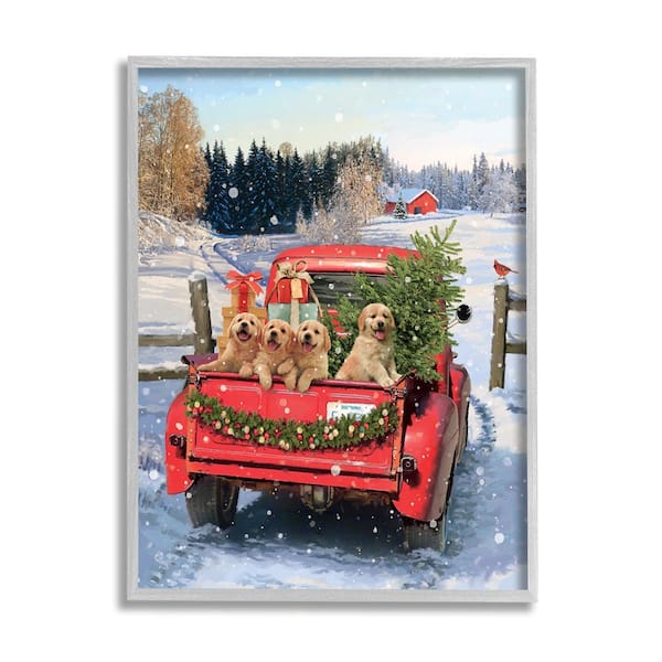 Stupell Industries Puppies in Holiday Truck by Jason Kirk 1-Piece Framed Graphic Print Travel Poster Art Print 14 in. x 11 in.