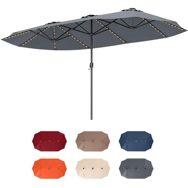 15.5 ft. Metal Market Solar Extra-Large Patio Umbrella with LED Solar Lights & 12 Heavy-Duty Ribs in Gray