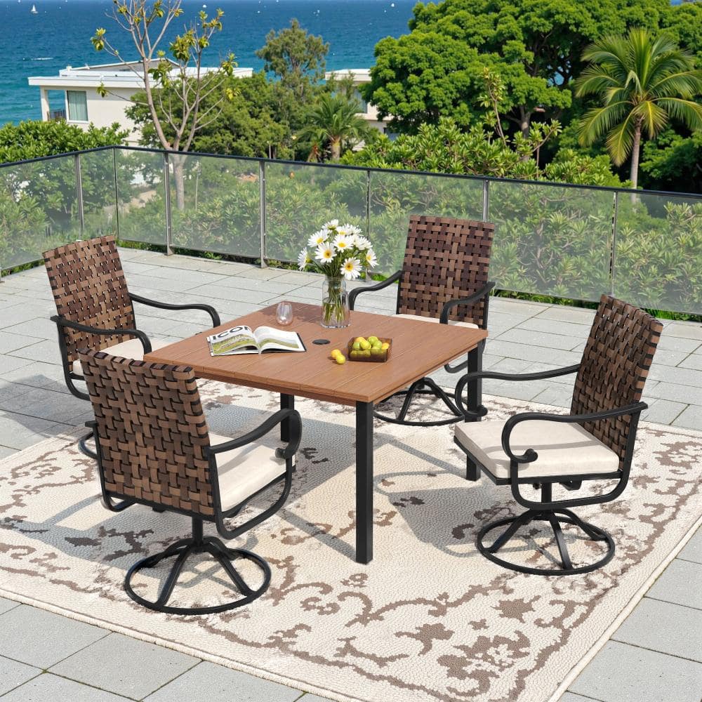 5-Piece Metal Outdoor Patio Dining Set with 4 Swivel Wicker Chairs, Beige Cushions and 40.2 in. Round Walnut Table price history on PriceWatchPro
