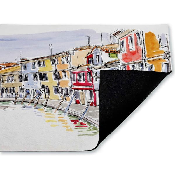 Quaint Coastal Town Buildings Multi-Colored 18 in. x 30 in. Polyester Non-Slip Outdoor Door Mat
