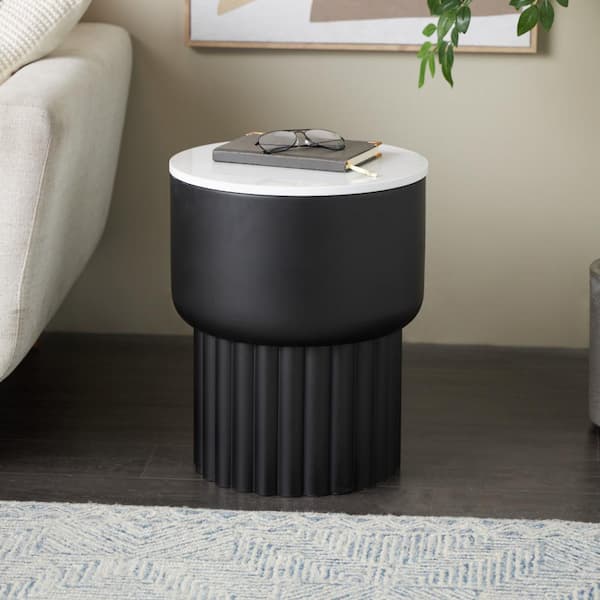Litton Lane 15 in. Black Ribbed Round End Table with White Marble Tabletop
