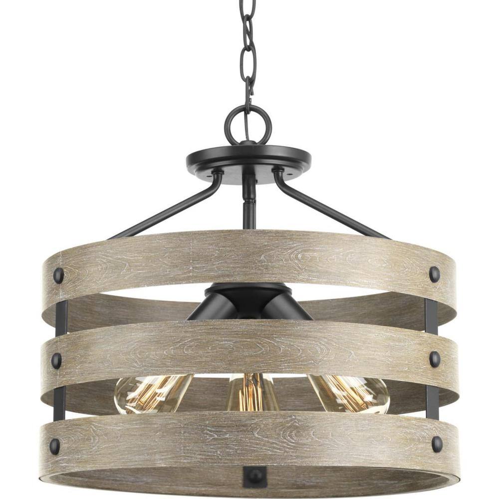 Gulliver Graphite & Wood-Grain 17" Drum Semi-Flush Ceiling Light