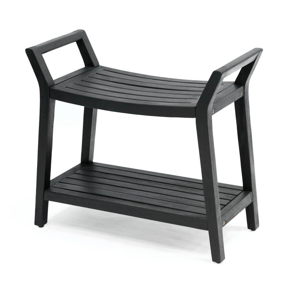 Orla 25.59 in. Modern Classic Slatted Solid Acacia Wood Indoor/Outdoor Shower Bench with Shelf and Handle, Black price history on PriceWatchPro