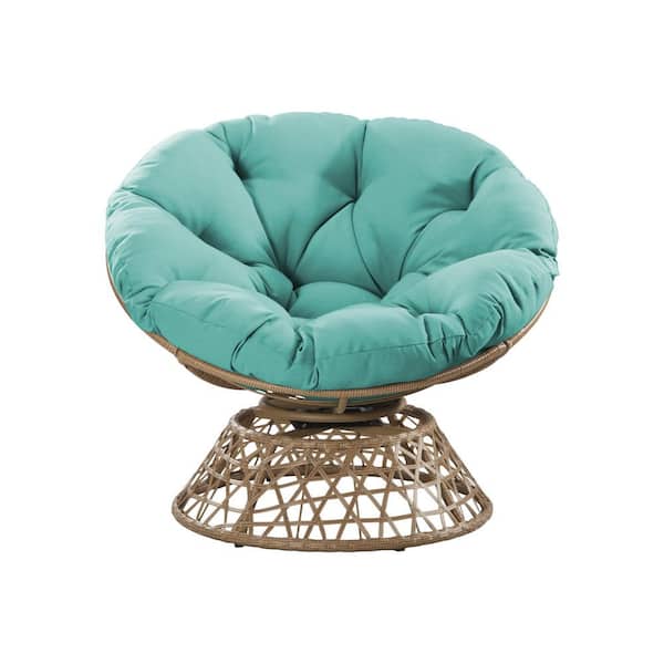 Brown Wicker Outdoor Patio Papasan Swivel Lounge Chair with Turquoise Cushion