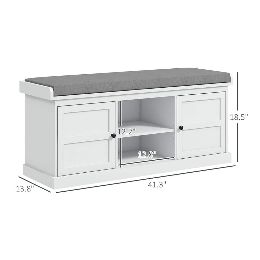 White Wood Storage Bench with Gray Cushion and Cabinets