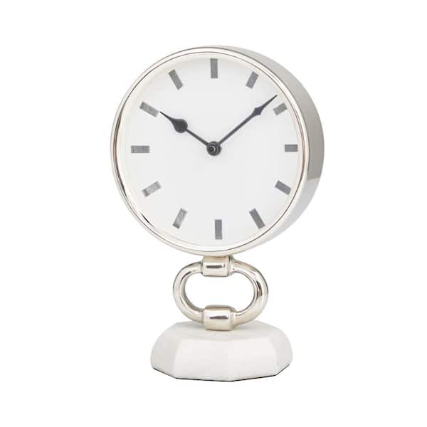 Litton Lane 6 in. x 10 in. Silver Stainless Steel Analog Clock with Marble Base