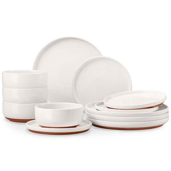12-Piece White Ceramic Dinnerware Set Service for 4 w/ Terracotta Base, Scratch Resistant, Microwave and Dishwasher Safe