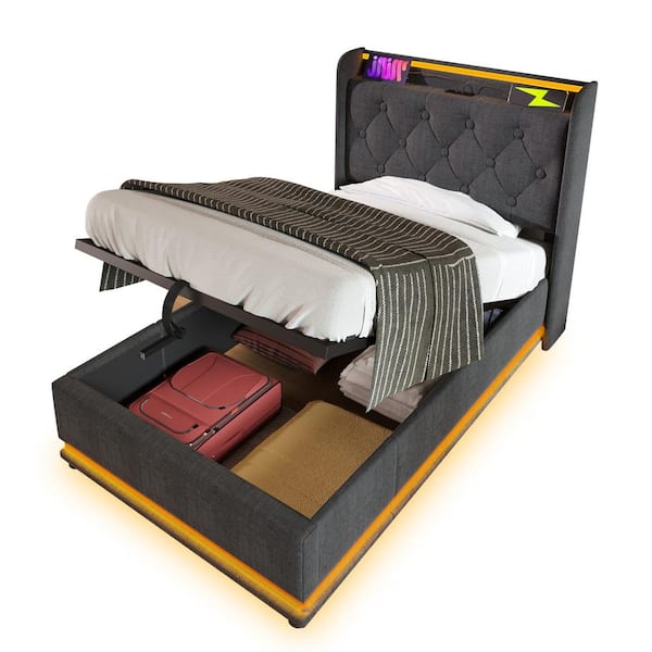 Gray Wood Frame Twin Size Linen Upholstered Platform Bed with 360 Surround LED Function and USB Type-C charging