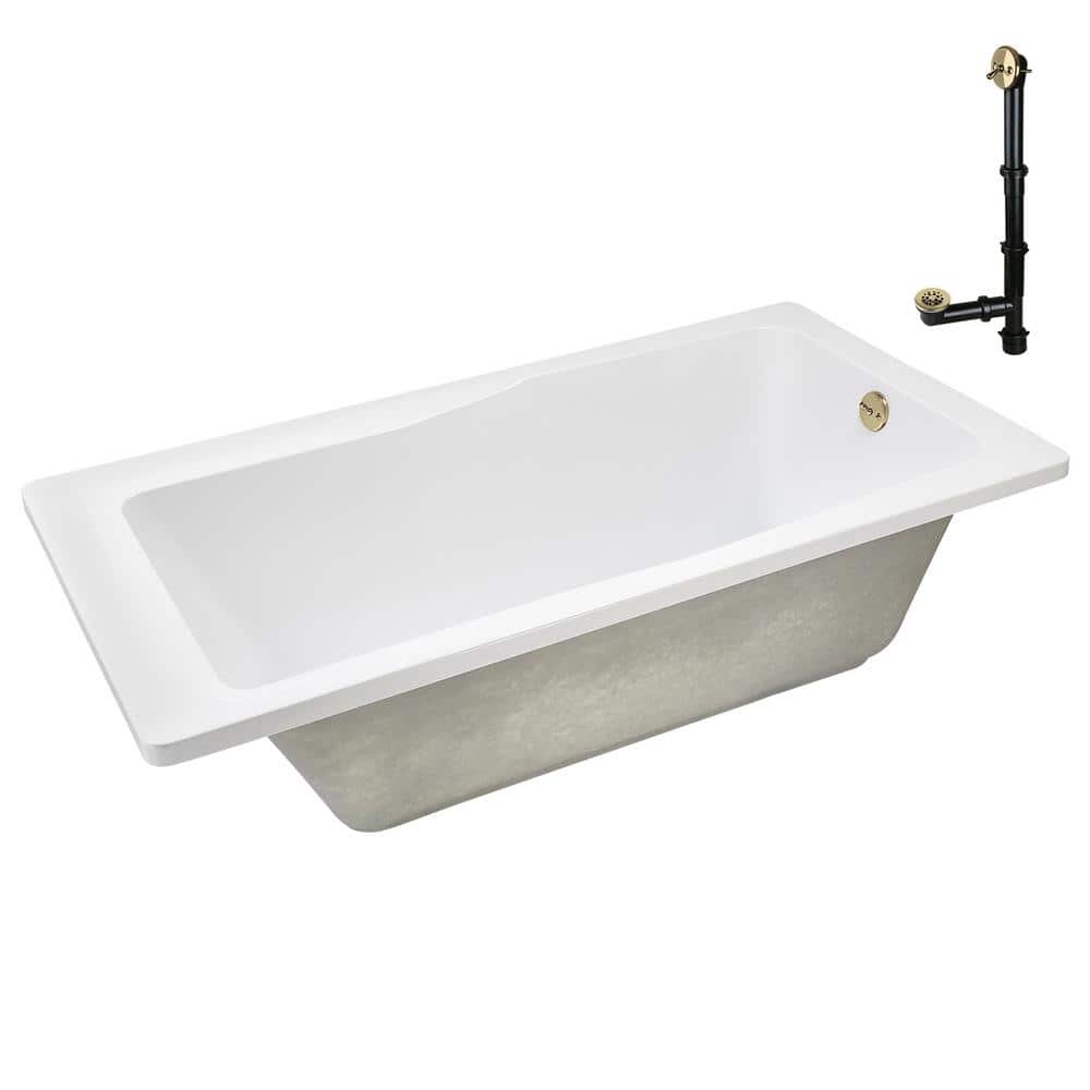 66'' Glossy White Acrylic Soaking Drop-In Bathtub with Polished Brass Drain