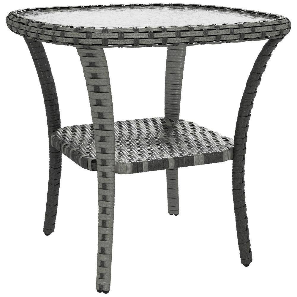 Mix Gray PE Rattan Wicker Outdoor Coffee Table with Glass Top, Storage Shel