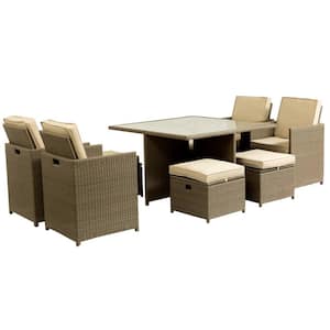 Brown 9-Piece PE Wicker Outdoor Dining Set Aluminum Frame Conversation Set with Beige Cushions and Ottomans