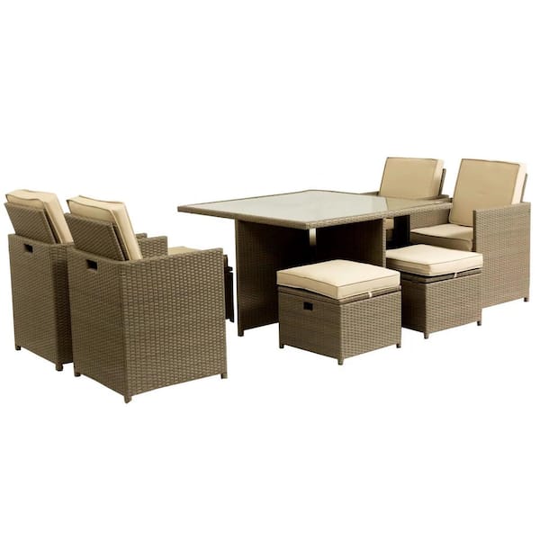 Afoxsos Brown 9-Piece PE Wicker Outdoor Dining Set Aluminum Frame Conversation Set with Beige Cushions and Ottomans