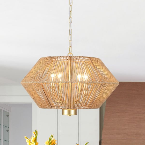 1-Light Gold Geometric Hanging Linear Chandelier Lighting with Hemp Rope Shade for Kitchen Island