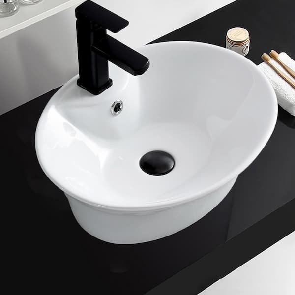 Satico 19 in. Special Oval Shape Ceramic Bathroom Sink Basin Top Mount Vessel Sink in White