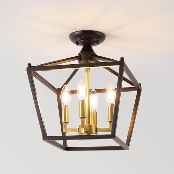 JONATHAN Y Plains Mini Lantern 12 in. 4-Light Iron Modern Farmhouse LED Flush Mount, Oil Rubbed Bronze/Brass Gold