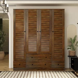 Brown Wood 59 in. W Shutter Doors Armoires Wardwore Farmhouse Style with 5-Drawers, Hanging Rod (70.5 in. H x 19 in. D)