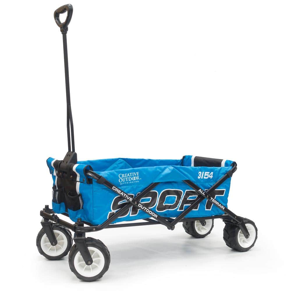 Blue All-Terrain Folding Wagon with Metal Frame and Rubber Wheels