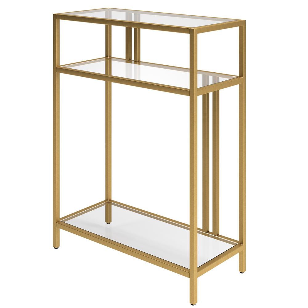 Compact Gold Industrial Console Table with Tempered Glass Shelves