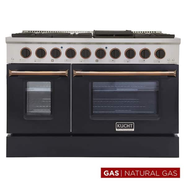 Custom KNG 48 in. 6.7 cu. ft. Natural Gas Range Double Oven with Convection in Black with Black Knobs and Gold Handle