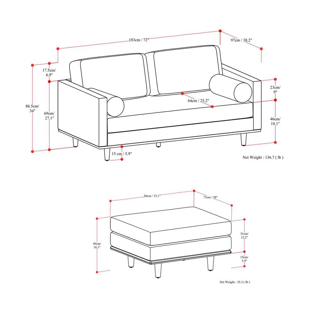 Morrison Sienna Leather Mid-Century Modern Sofa with Ottoman