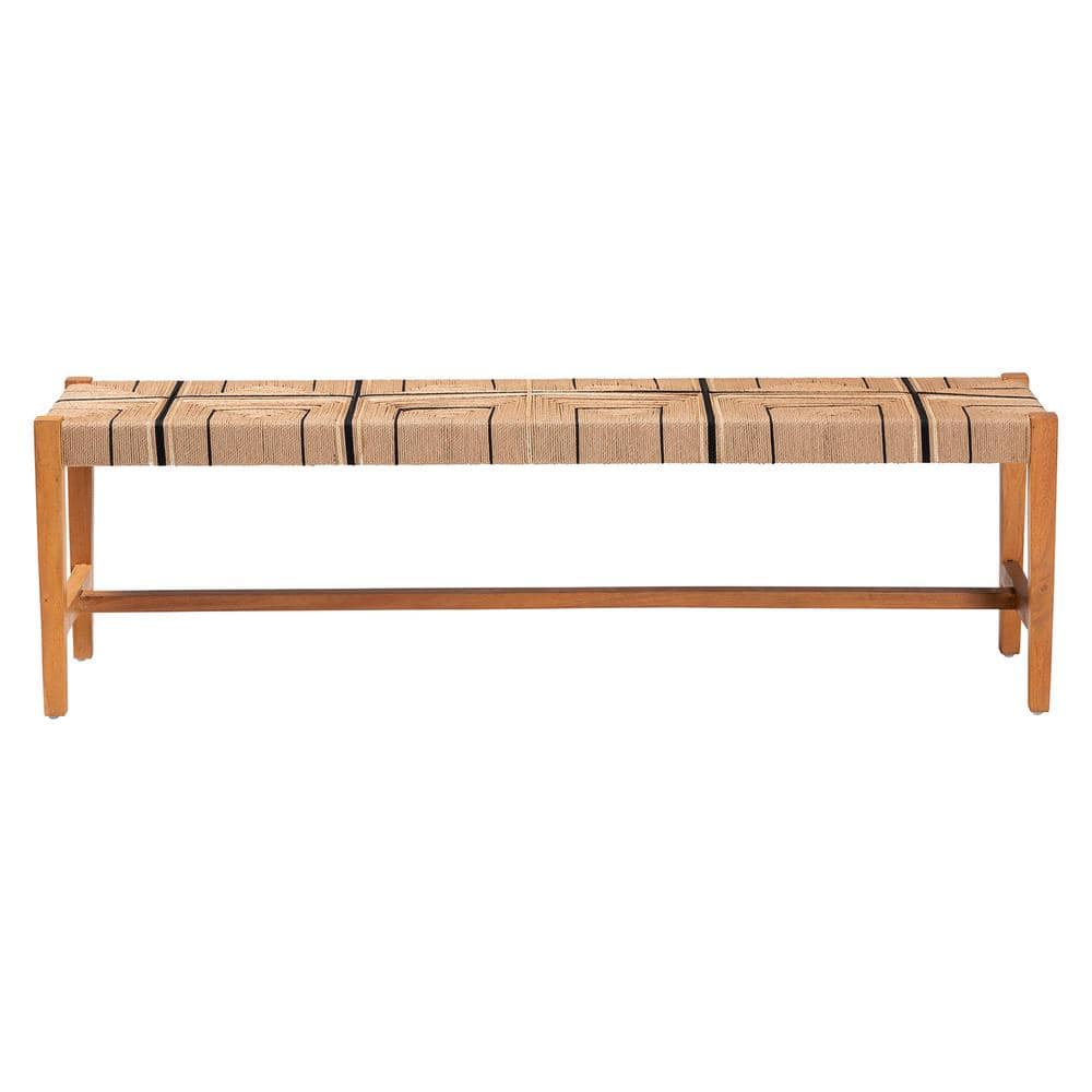 Natural Mahogany and Woven Paper Loom Bohemian Dining Bench