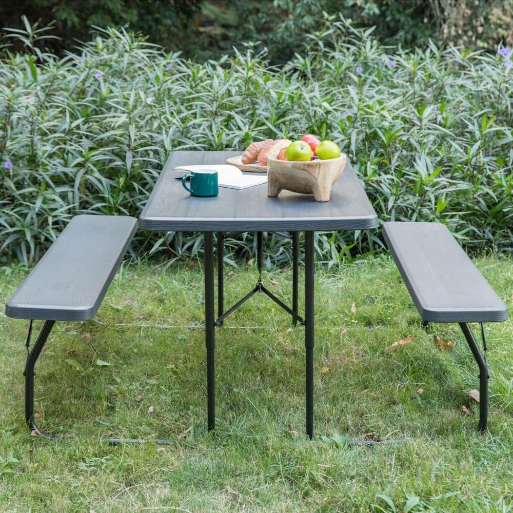 Gray Foldable Plastic and Steel Outdoor Picnic Table Set