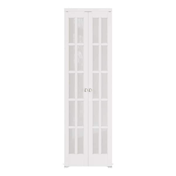 24 in. x 80 in. 10-Lite Frosted Glass Solid Core White Finished Glass Pivot Bi-fold Door with 2 Types of Hardware