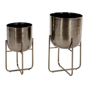 16 in., and 13 in. Medium Black Metal Indoor Outdoor Planter with Removable Stand (2- Pack)