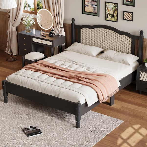 Harper & Bright Designs Black Wood Frame Queen Size Vintage Platform Bed with Natural Rattan Headboard