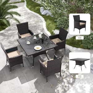 5-Piece Wicker Square Outdoor Dining Set with Glass Tabletop, 1.5 in. Umbrella Hole and Cushion Sand